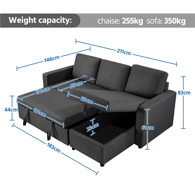 Moda Form 3-Seater L-Shaped Sofa Bed, Convertible Corner Sofa with Reversible Chaise & Pull Out Trundle Bed  for Small Living Rooms, Apartments