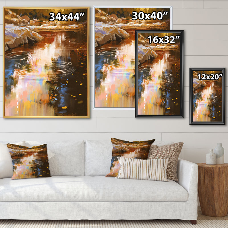 River River Lines with Stones in Autumn Forest - Peinture sur toile, H 20 po x l 12 po, Cadre flottant blanc