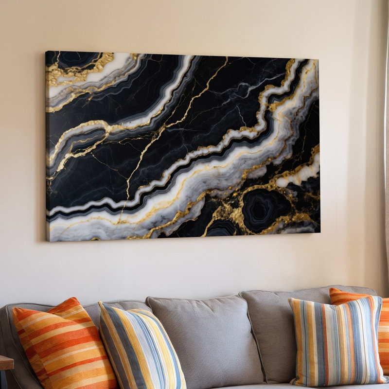 Toile vue de près d'une luxueuse texture de marbre avec art mural, riche base noire entrelacée de motifs tourbillonnants d'art sur toile blanche