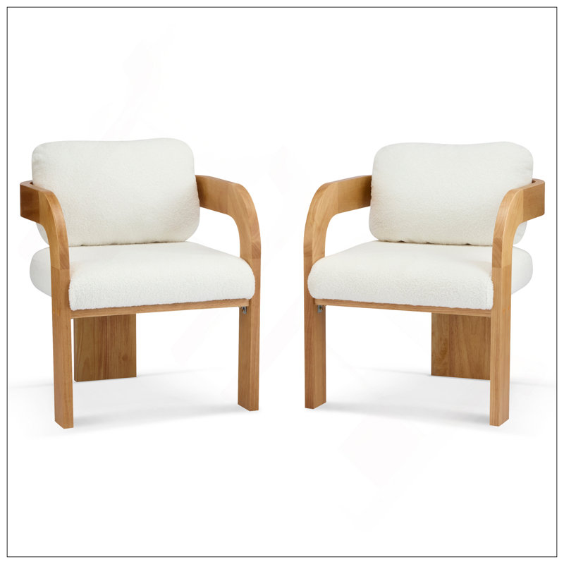 Ensemble de 2 chaises de salle à manger avec dossier coussiné, tissu bouclé, structure en bois massif de couleur naturelle