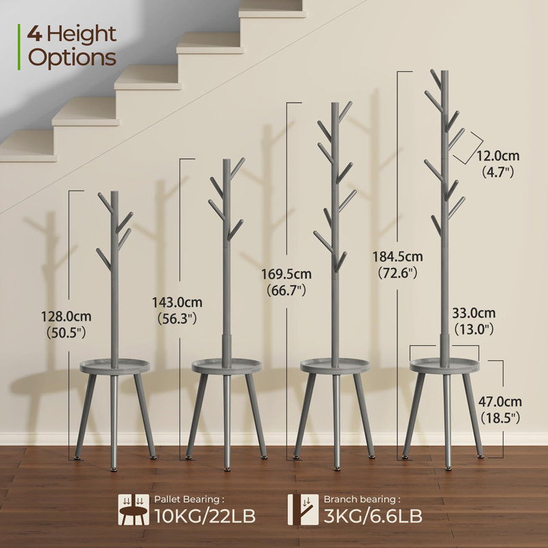Freestanding Wooden Coat Rack with 8 Hooks, Gray