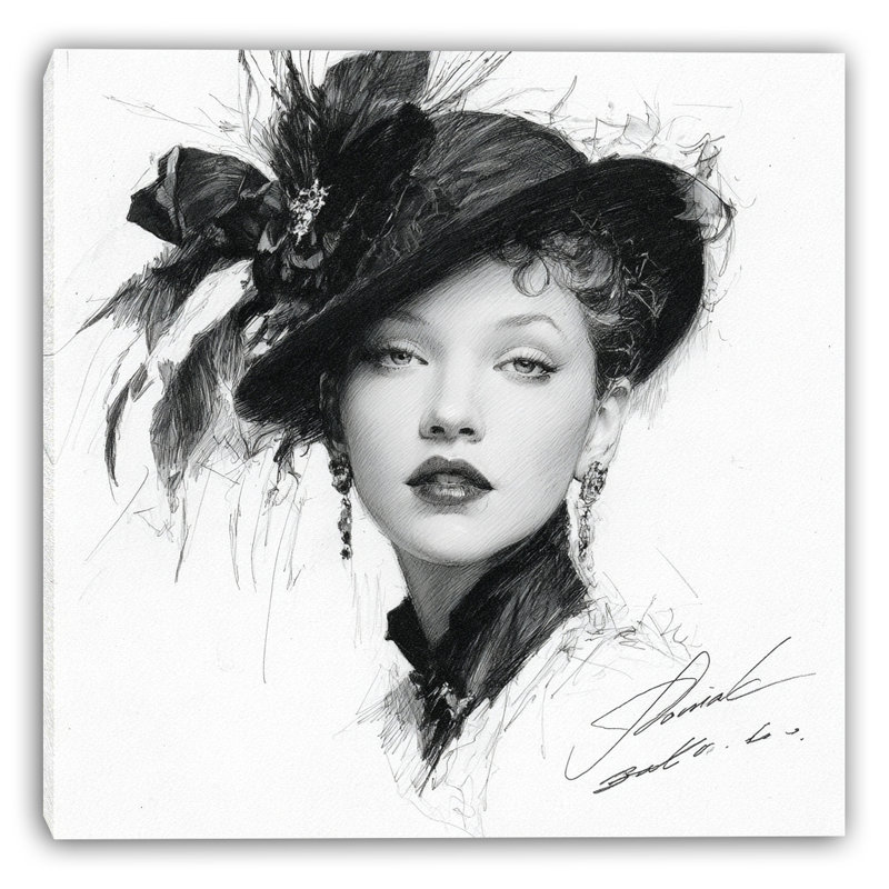 Vintage Hat Portrait Sketch Wrapped Canvas Wall Art, 20" H x 20" W
