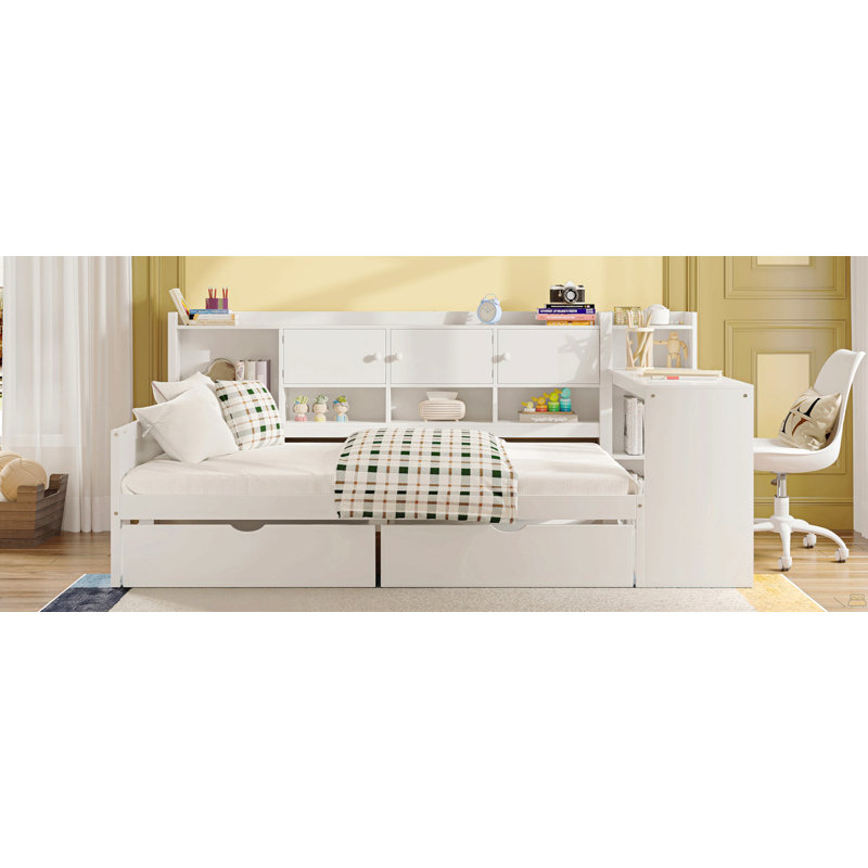 Wooden L-Shape Daybed With Seven Storage Cabinets And Two Storage Drawers, Multi-Functional Bed With Study Desk And Built-In Bookshelf