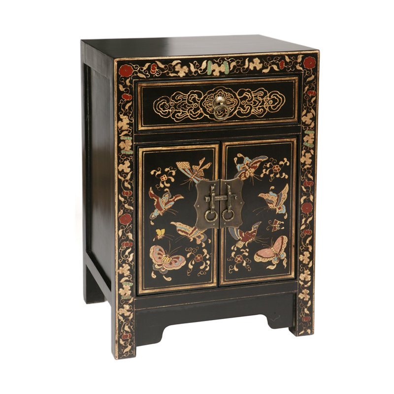 Hangzhou 40cm W Solid Wood Bedside Table, Black Lacquer