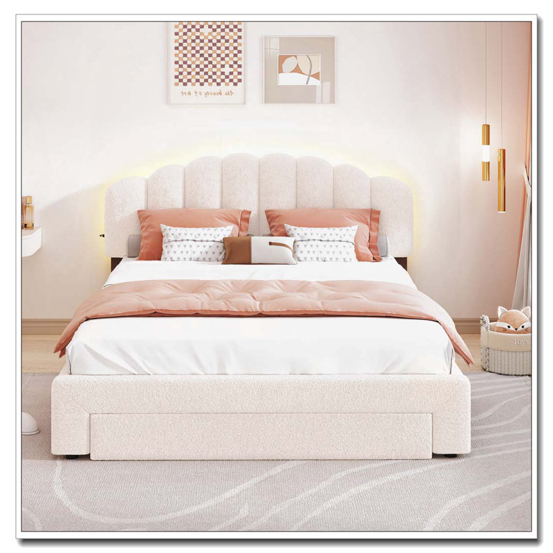 Lit plateforme tapissier Teddy, Beige