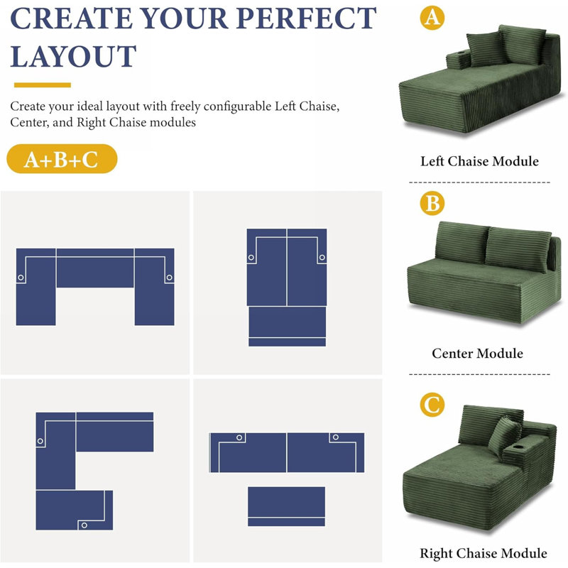 Canapé modulaire de 134 po Cloud Couch, modulaire avec porte-gobelet et poche de rangement, canapés en os en velours côtelé sans os, canapé dans une boîte, aucun assemblage requis, canapé vert pour le salon