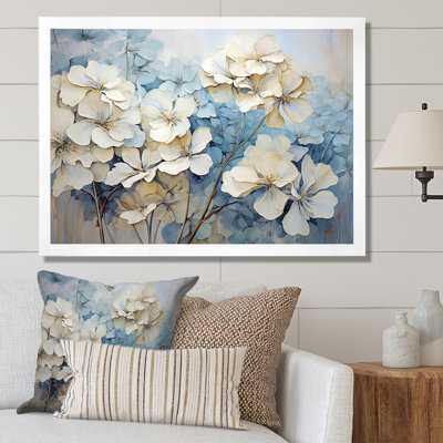 " Minimalism White and Blue Geraniums Flowers " Print