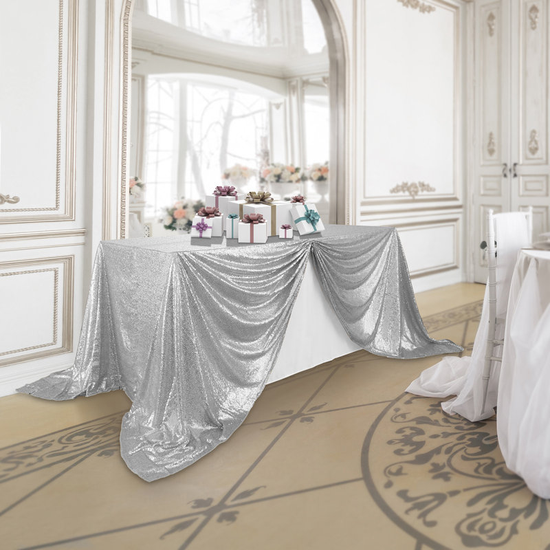  Solid Color Sequin Wedding Tablecloth, 132" x 90", Silver