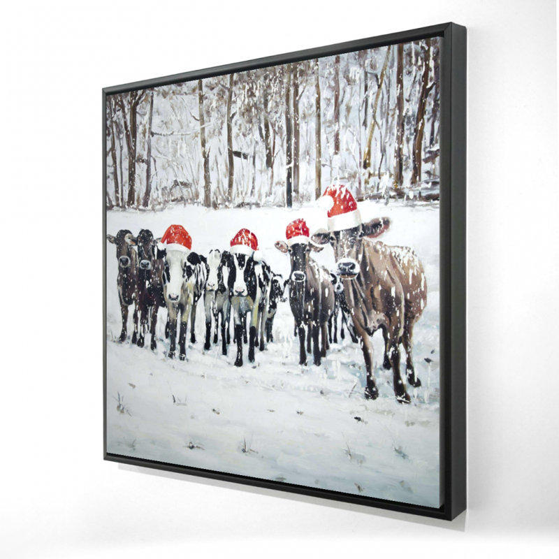 «Curious Christmas Cows - Holiday Snow», décoration sur toile encadrée, H 37,25 po x l 37,25 po