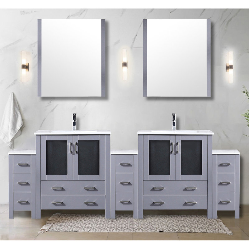 Meuble-lavabo double gris foncé de 96 po En largeur, armoires latérales, comptoir en céramique blanche, 28 miroirs et robinet, teint - avec résistance aux rayures pour un comptoir durable