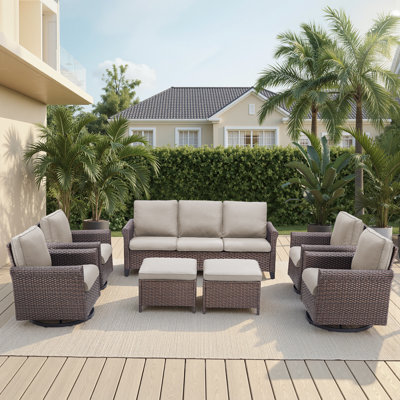 7-Piece Outdoor Wicker Garden Conversation Set with Swivel Chairs and Ottomans