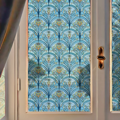 Art Nouveau Stained Glass Static Cling Film – Fan & Iris, Vintage Blue