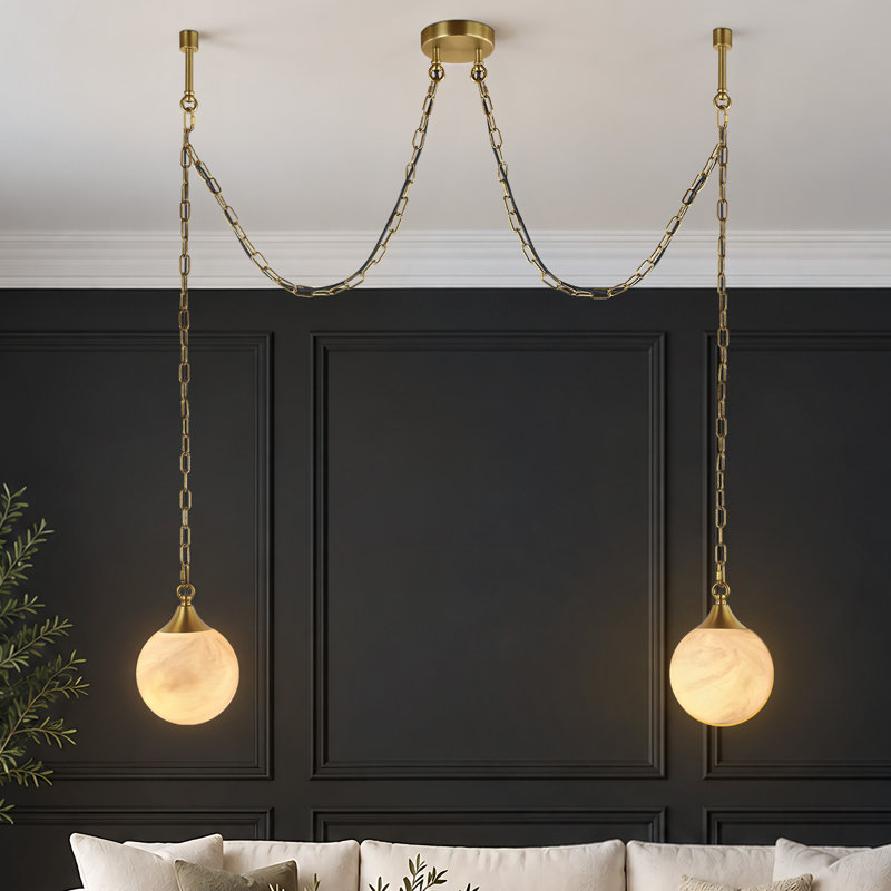 Suspension globe 2 lumières 15 cm (5,9 po) de largeur pour îlot de cuisine avec abat-jour imitation albâtre, 2-Light