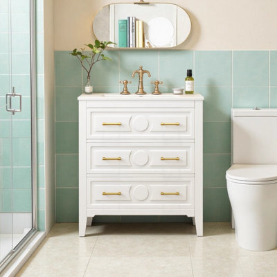 Ensemble de meuble-lavabo sur pied 30 po avec lavabo en céramique, ensemble de meuble-lavabo simple autoportant avec 3 tiroirs, cadre en bois massif blanc rétro