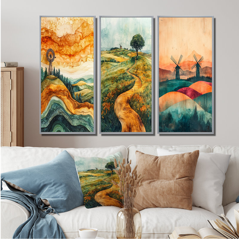 Windmills Into A Summer Field Landscape I - Windmills, reproduction d'art sur toile, H 40 po x l 60 po, Argent argent