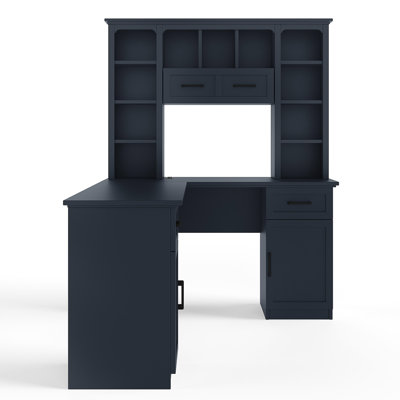 Antique Blue L-shaped Computer Desk With 2 Cabinets, Drawers, 11 Storage Shelves And Power Outlet For Home Office Efficiency Outlet, Ideal Study, Living Room, Made Of Particle Board