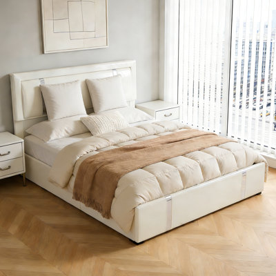 Modern Full Size White Bed Frame, Adjustable Led Headboard, Charging, Faux Leather Smart And Metal Support