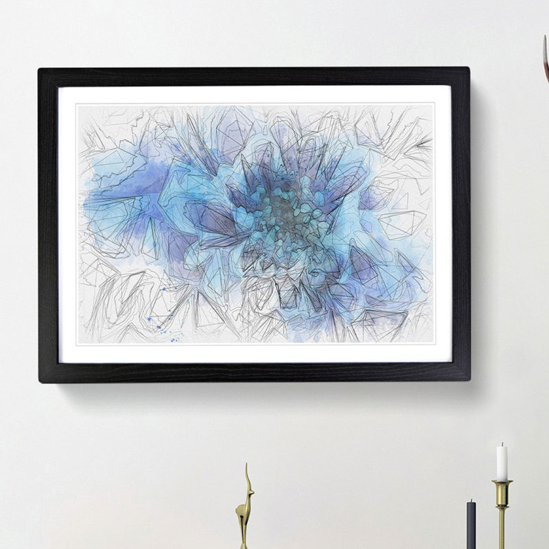 Blue Dahlia Flower - Picture Frame Graphic Art Print, 36cm H x 48cm W x 2cm D, Black Framed