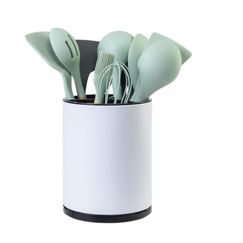 Extra Large 360° Rotating Stainless Steel Utensil Holder - 3-Compartment Grey Counter Caddy, White