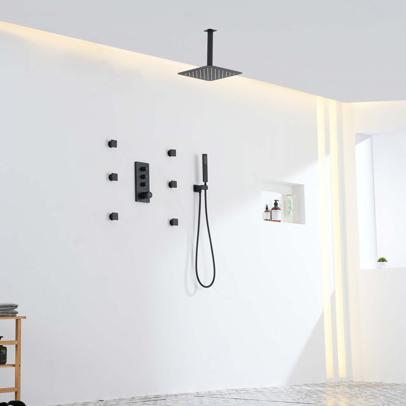 3-Functions 12" Ceiling-Mounted Thermostatic Shower System, Black