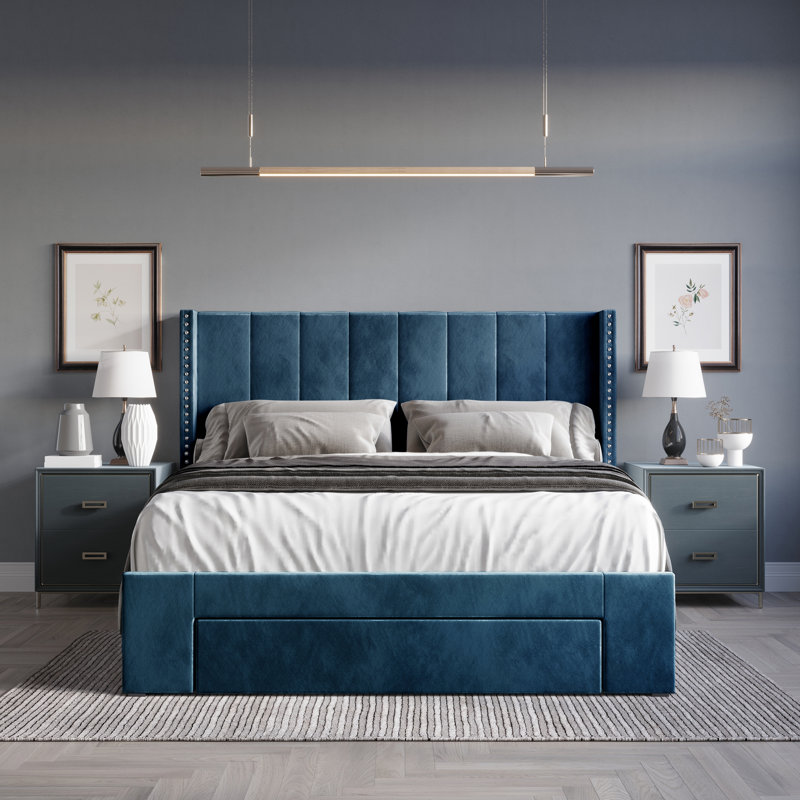 Georgia-Lee Upholstered Wingback Storage Bed, Navy Blue, Twin