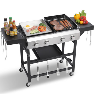 Combiné de gril au gaz et plaque chauffante GRILL DEPOTS avec ensemble de conversion, barbecue au propane à 4 brûleurs avec tables d'appoint pliantes, grilles en fonte, plaque chauffante en acier inoxydable, barbecue extérieur de 40 000 BTU