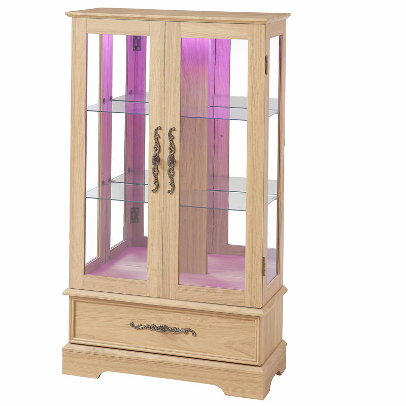Lighted Glass Curio Display Cabinet with Adjustable Shelves - 2 Doors, 1 Drawer, LED Lights, Elegant Light Oak Finish