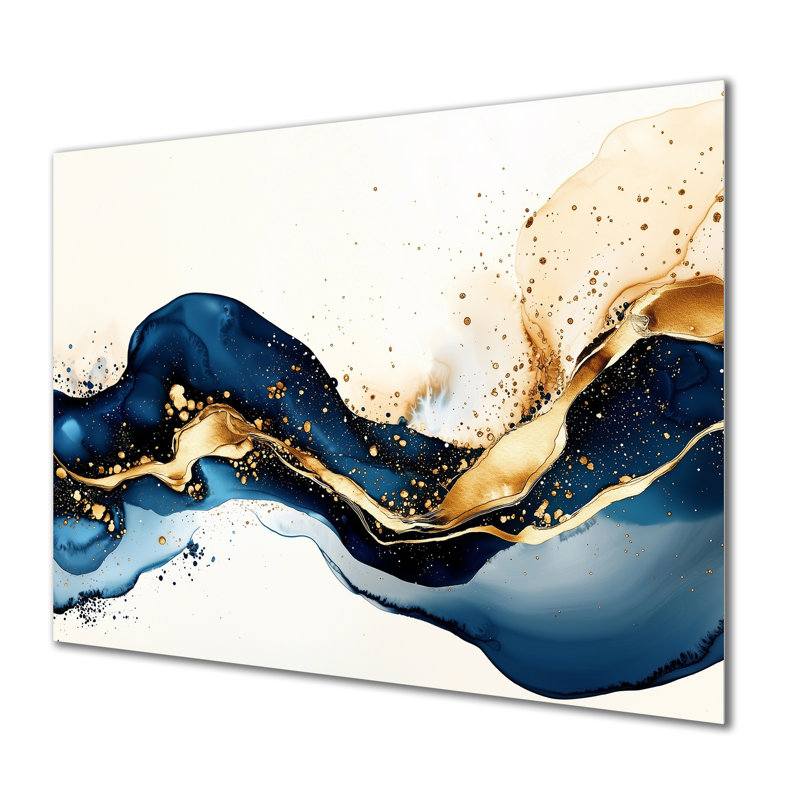 Galaxy majestueux bleu et or liquide encre II - décoration murale abstraite en métal, impression moderne sur métal