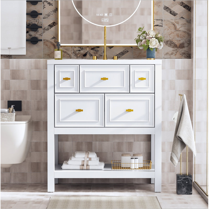 Ensemble de meuble-lavabo simple 30 po avec 5 tiroirs, meuble-lavabo autoportant avec cadre en bois massif 30 po, Blanc