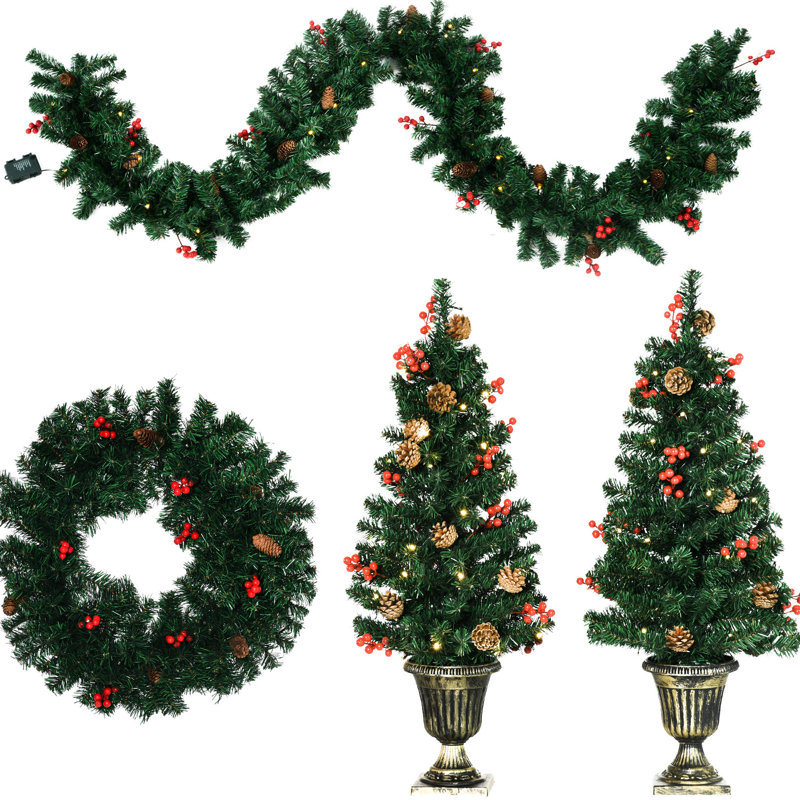 Ensemble de 4 ornements de Noël avec blanc chaud: baies rouges, pin et 2 arbres Veranda