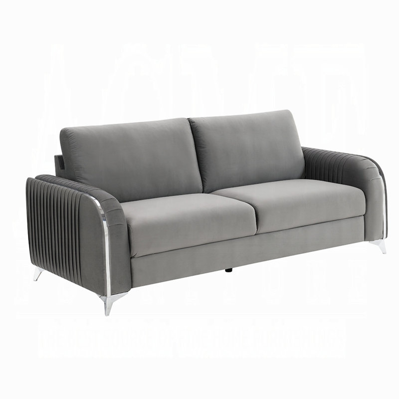Canapé Vienne, pieds chromés contemporains, velours gris plissé 79 po