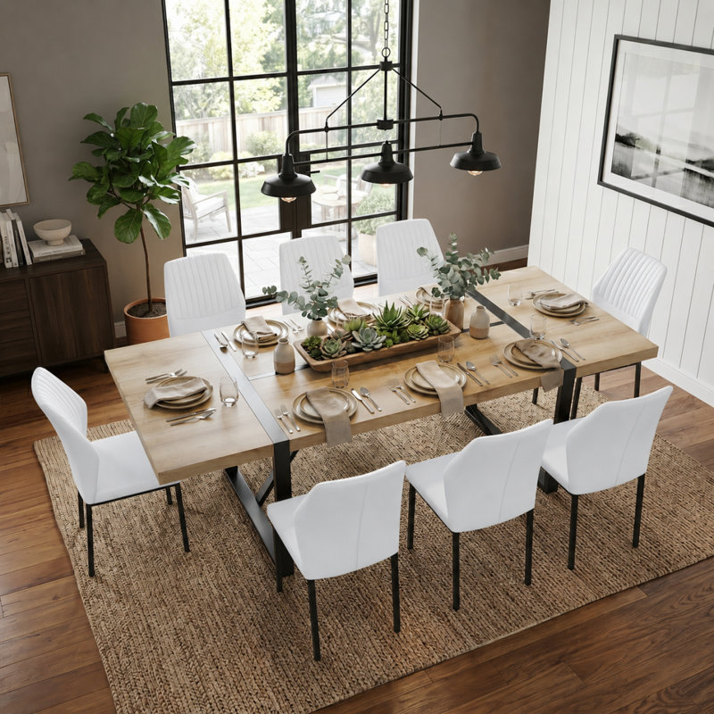 Ensemble de salle à manger 87 po Farmhouse, 9 Pieces: Table, 8 Chairs, Wood, Blanc