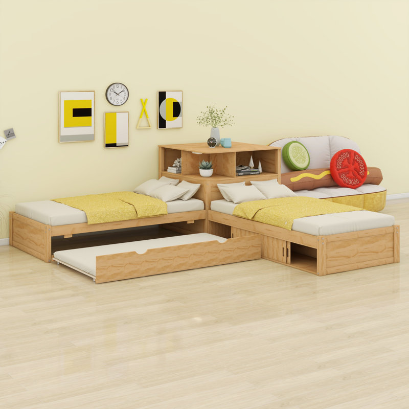 Élégant lit en forme de L avec bureau intégré, tablettes de rangement, lit gigogne et lumières DEL, Naturel