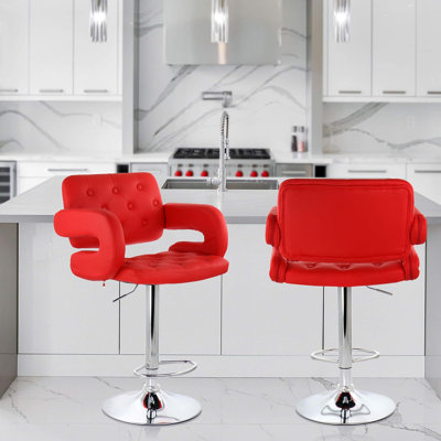 Levane Elama Faux Leather Tufted Patio Bar Stool in Red with Chrome Base and Adjustable Height