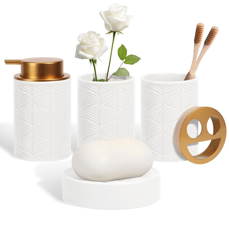 Ensemble d'accessoires de salle de bain en céramique, 4 pièces - comprend distributeur de savon à lotion, porte-brosse à dents, plateau de coiffeuse et gobelet, organisateur de salle de bain moderne avec porte-savon, pot d'apothicaire