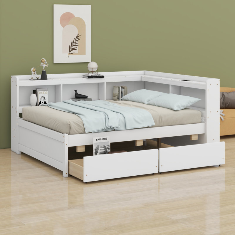 Lit en forme de L avec bibliothèques avec prises de courant, ports de chargement USB, tiroirs, Blanc