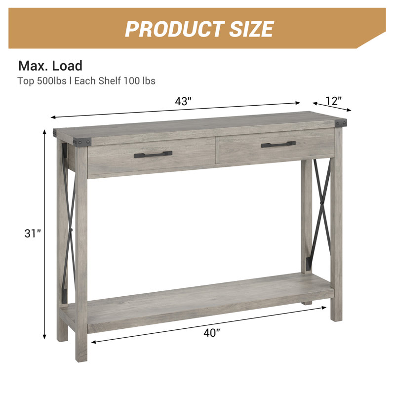43 Inch Console Table with 2 Drawers & 2-Tier Storage for Entryway, Hallway, Living Room, Gray