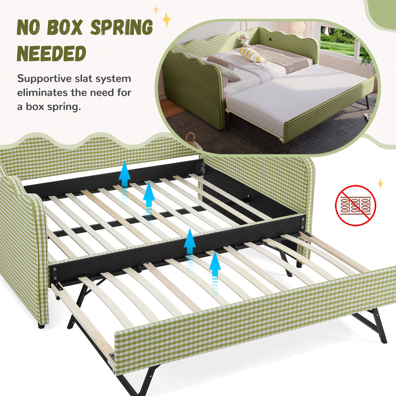 Linen Upholstered Gingham Daybed With Trundle, Usb Charging Port & Wave-Shaped Design, No Box Spring Needed, Green