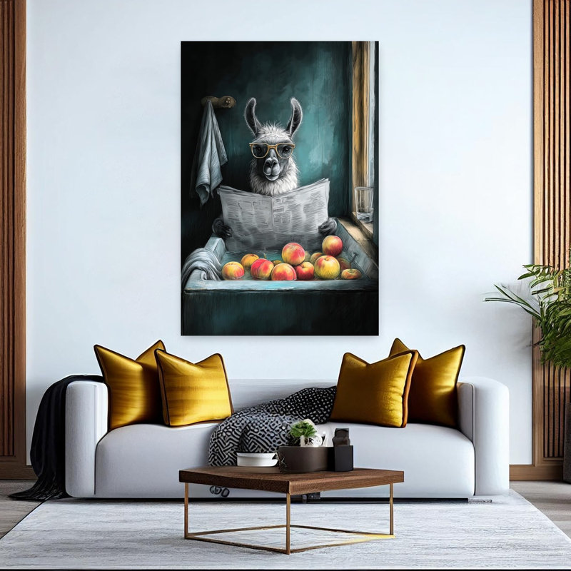 Lama In Bathtube 2 1 Piece Wrapped Canvas Wall Art, 152.4 cm H x 101.6 cm W