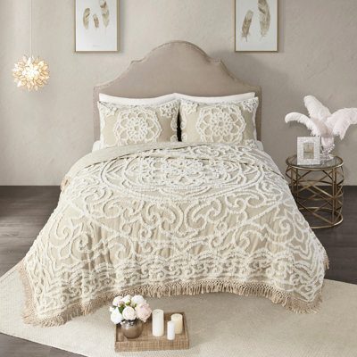 Literie médaillon en coton taupe double / grand - attrait Shabby Chic, 100% coton, toutes saisons, design, 2 taies décoratives Pure, lavable à la machine
