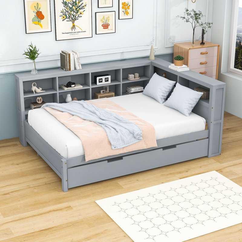 Lit de jour en bois avec lit gigogne simple, tablettes et station de charge, Lit double, Gris