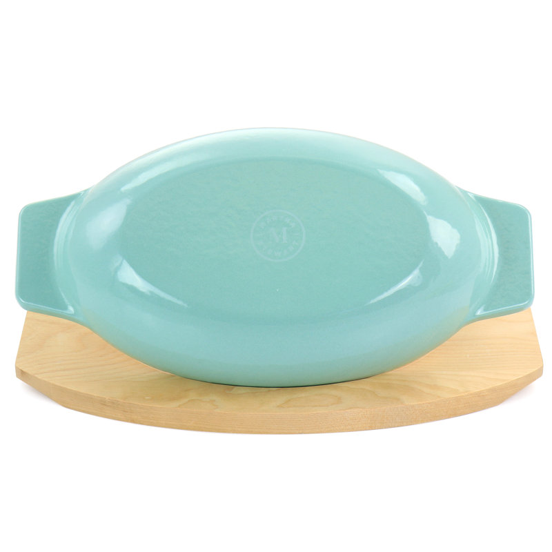 Oval Blue Cast Iron Casserole with Birch Wood Trivet