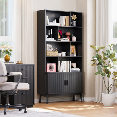 71" Tall Bookshelf With Storage Cabinet, Mid-Century Home Office Freestanding Bookcase With Tambour Sliding Door & Sturdy Solid Wood Legs