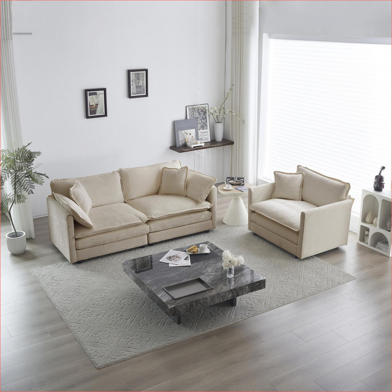 Canapés-lits | Ensemble de canapé moderne 2 pièces 1 + 2 places | Structure en bois massif | Pour le salon Chambre à coucher Bureau à domicile | Beige | Chenille