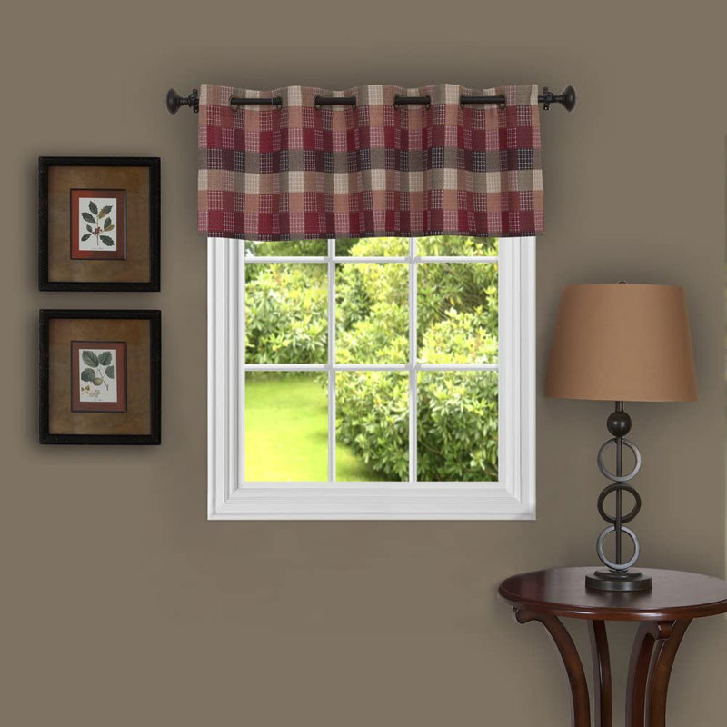 Woven Trends Adoxa Plaid Tailored Tier and Valance Window Curtain Set, Burgundy, 57" W x 24" L