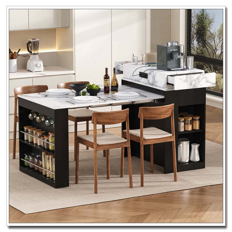 Extendable Dining Table with Folding Tabletop, Drawers, and Power Outlet
