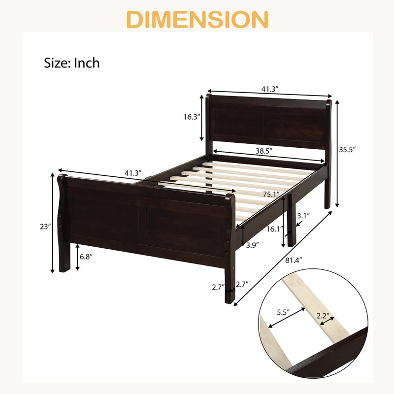 Lit plateforme avec base de lit en bois et lit-bateau, Espresso