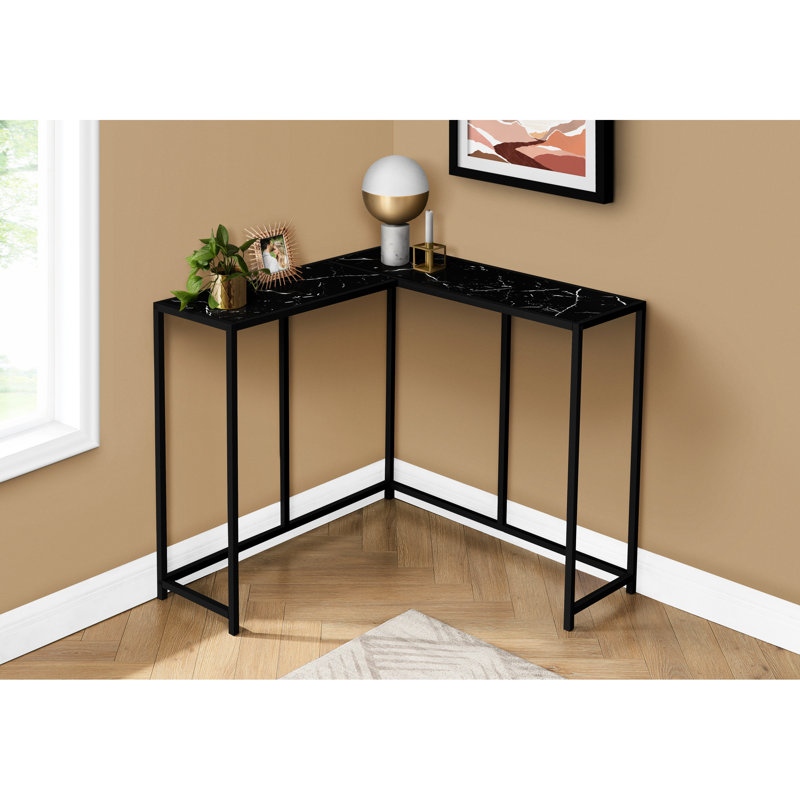 Table d'appoint de coin d'entrée étroite - Stratifié marbré noir et structure en métal, console de style contemporain pour le salon en métal,