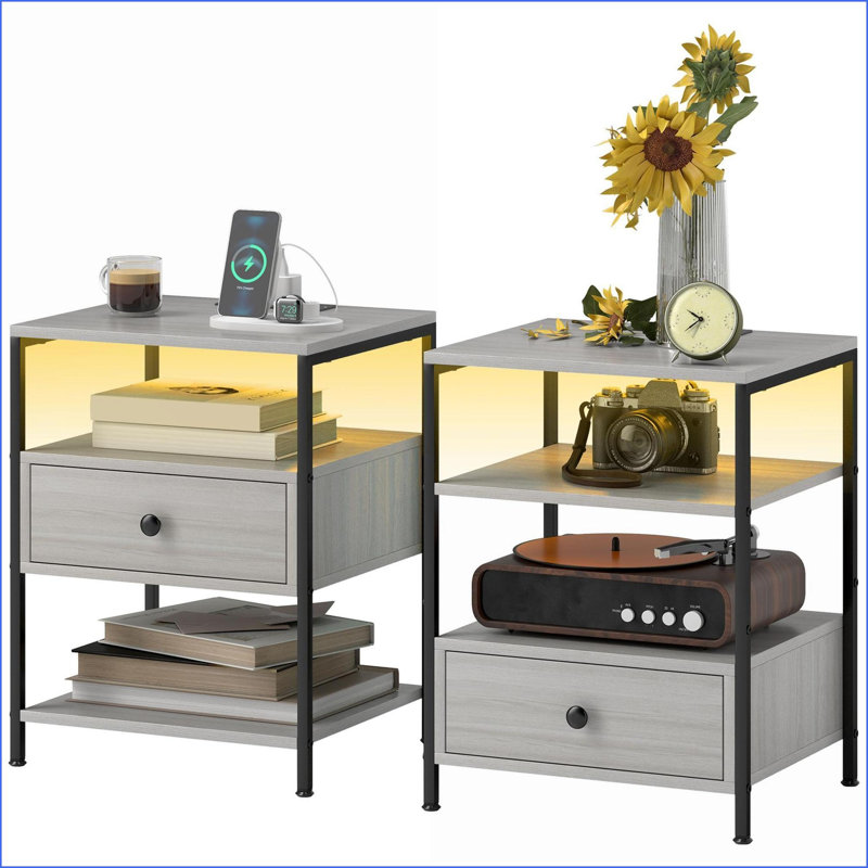 Ensemble de tables basses 2 pièces gris avec station de charge et amp; Éclairage ambiant