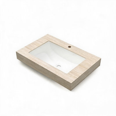 Comptoir en pierre frittée de 76 cm (30 pouces) à motif travertin beige Roma, avec lavabo encastré en céramique et trou pré-percé pour robinetterie standard.